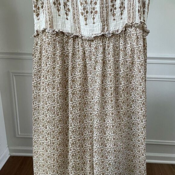 Sim & Sam Smocked Top Jumpsuit Natural Ivory Calico S - Picture 3 of 9